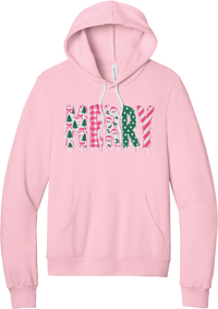 Merry Preppy Applique hoodie in Pink, featuring faux applique MERRY letters in pink and green patchwork patterns with trees, gingham, Santas, polka dots, and candy cane stripes