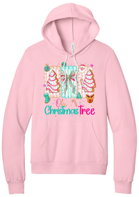 Oh Christmas Tree Cakes hoodie in Pink, featuring frosted Christmas tree snack cakes on pink and mint panels over Oh Christmas Tree lettering