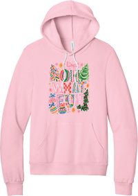 Oh What Fun hoodie in Pink, featuring hand-painted Oh What Fun letters with pink bows, whimsical Christmas trees, and ornaments