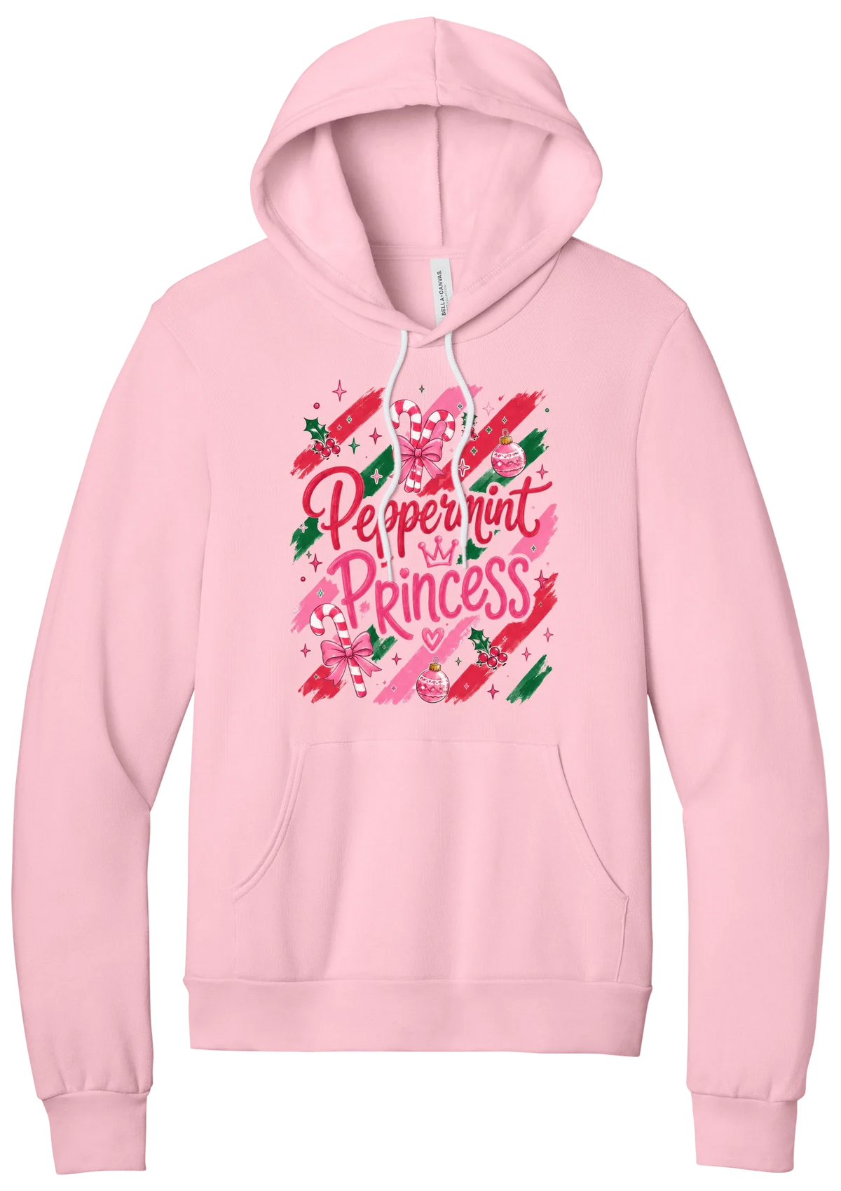 Peppermint Princess hoodie in Pink, featuring pink Peppermint Princess script with candy canes, a crown, and bows on red and green brush strokes