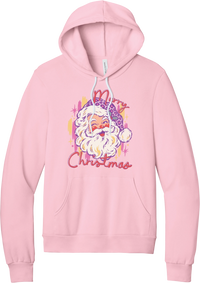 Preppy Santa (Pink Leopard) hoodie in Pink, featuring a vintage Santa in a pink leopard hat with Merry Christmas script and sparkles