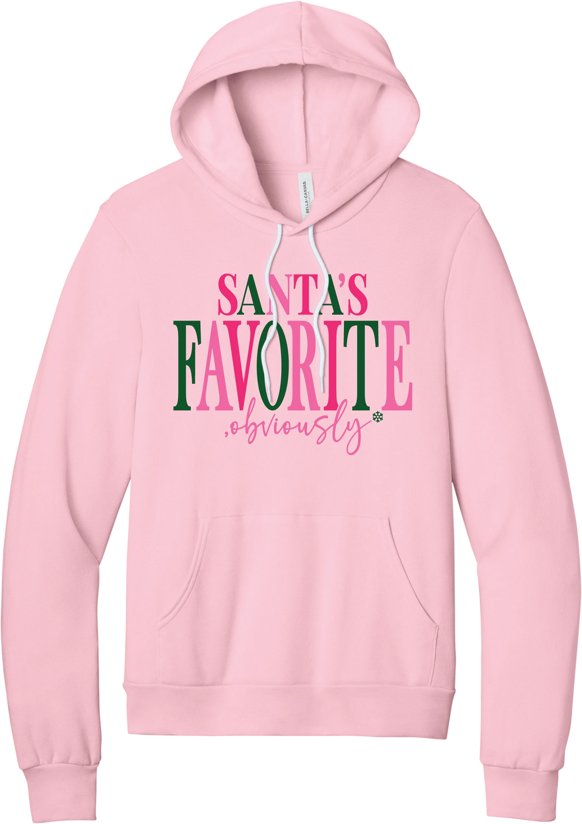 Santa's Favorite, Obviously hoodie in Pink, featuring SANTA'S FAVORITE in pink and green serif lettering with a pink script obviously and a green snowflake
