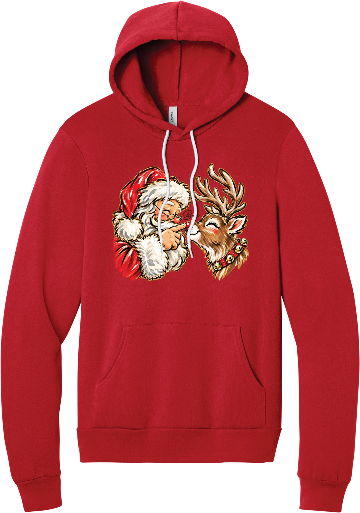 Santa and Rudolph Boop hoodie in Red, featuring a hand-painted vintage Santa booping a smiling reindeer on its red nose