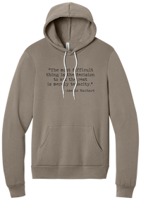 Amelia Earhart Tenacity Quote hoodie in Tan, featuring The most difficult thing is the decision to act the rest is merely tenacity in distressed black typewriter letters