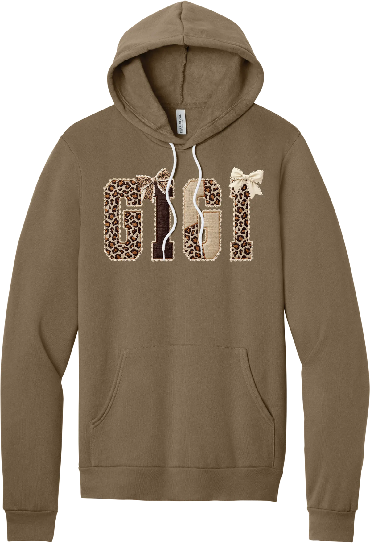 Grandma Leopard Applique hoodie in Vintage Brown, featuring GIGI spelled out in leopard, cream, and chocolate patches with a scalloped stitched applique look and two bows