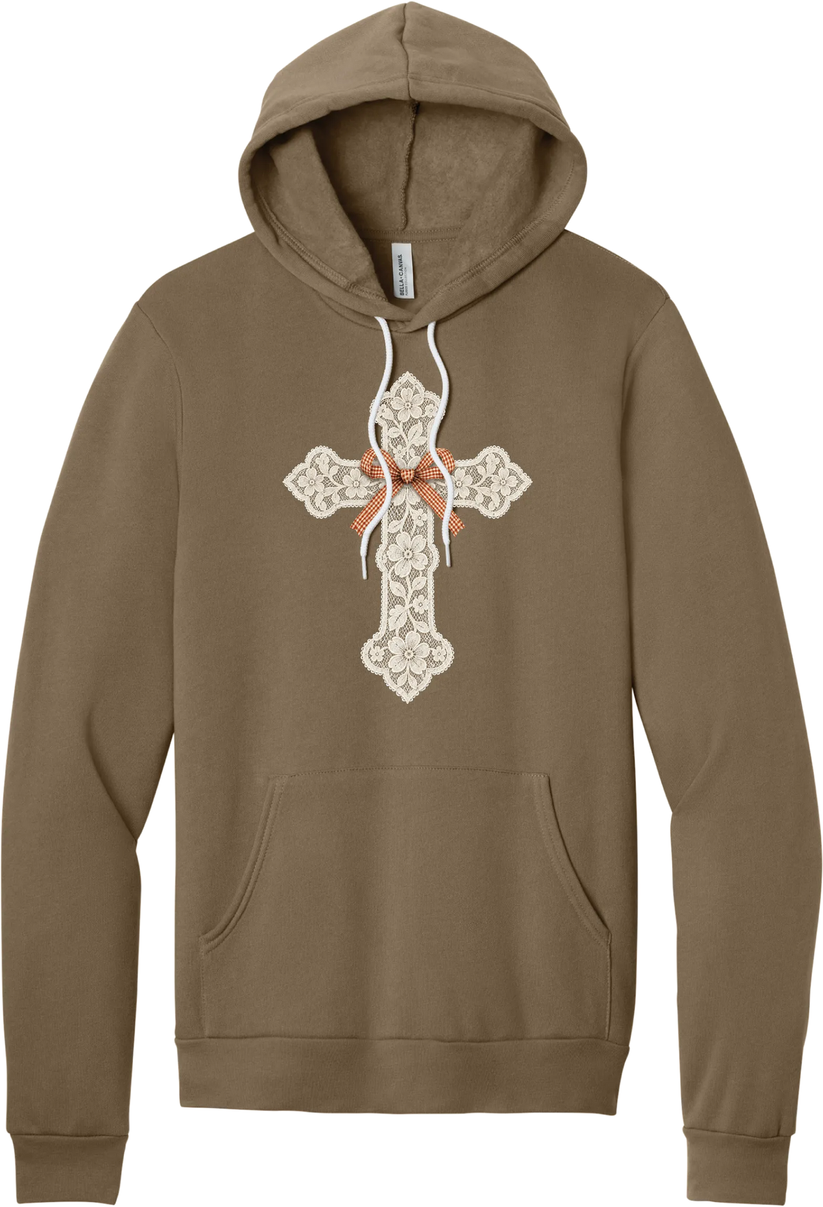 Vintage Lace Cross hoodie in Vintage Brown, featuring a cream floral lace cross tied with an orange gingham bow