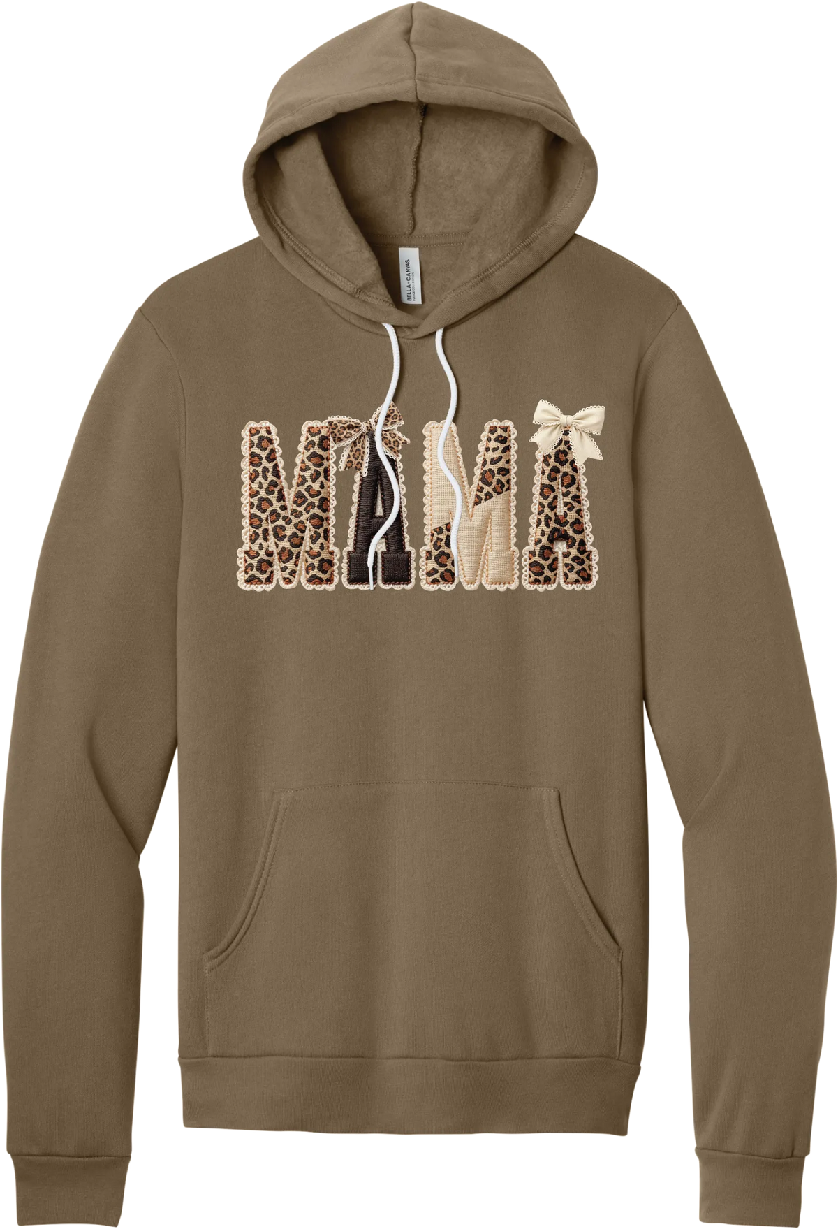 Mama Leopard Applique hoodie in Vintage Brown, featuring MAMA spelled out in leopard, cream, and chocolate patches with a scalloped stitched applique look and two bows