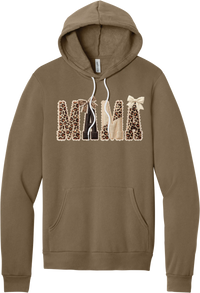 Mama Leopard Applique hoodie in Vintage Brown, featuring MAMA spelled out in leopard, cream, and chocolate patches with a scalloped stitched applique look and two bows