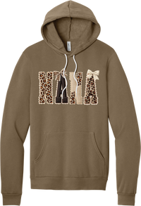Grandma Leopard Applique hoodie in Vintage Brown, featuring NANA spelled out in leopard, cream, and chocolate patches with a scalloped stitched applique look and two bows
