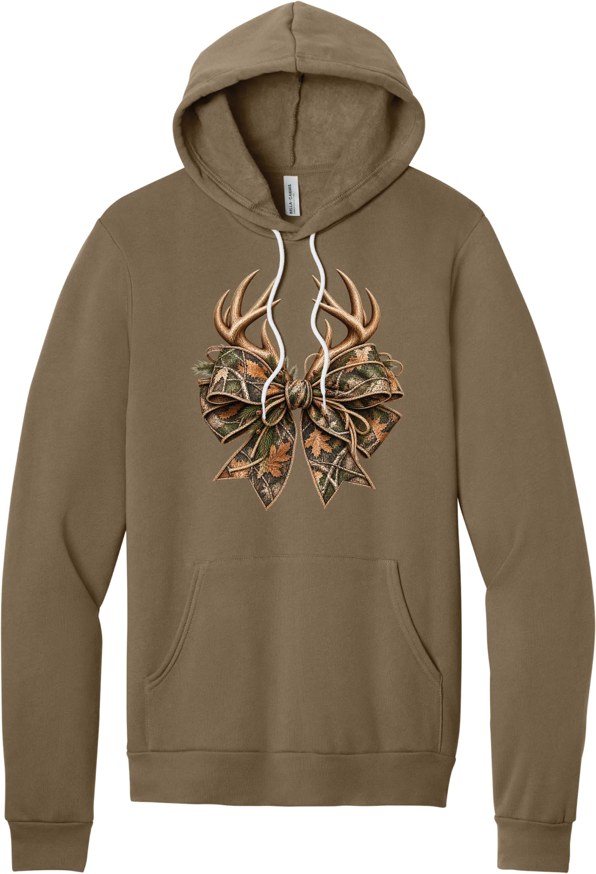 Coquette Antlers hoodie in Vintage Brown, featuring deer antlers tied with an oversized camo bow, twine, and autumn leaves