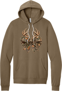 Coquette Antlers hoodie in Vintage Brown, featuring deer antlers tied with an oversized camo bow, twine, and autumn leaves