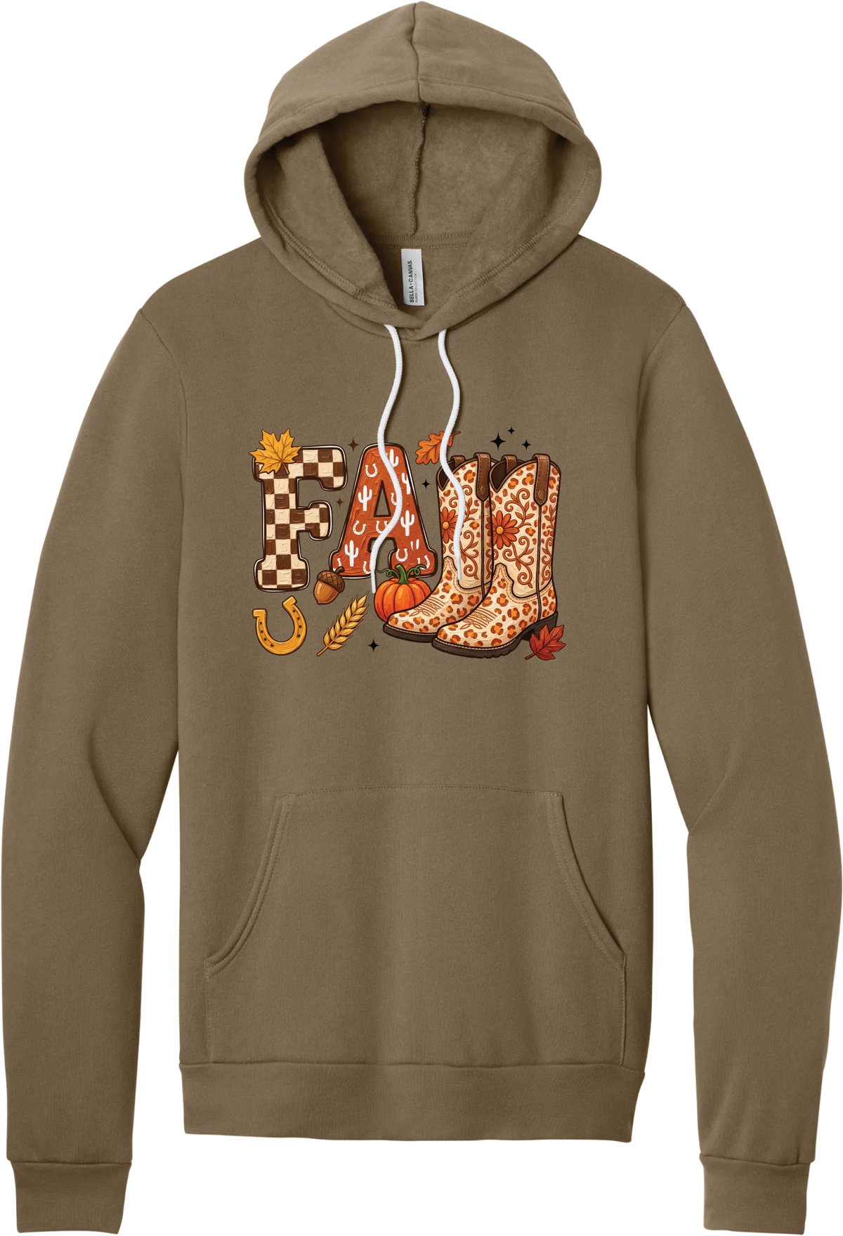 Boot Weather hoodie in Vintage Brown, featuring patchwork FALL letters with cowgirl boots, a pumpkin, and a horseshoe