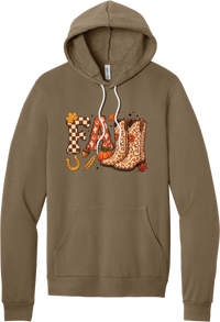 Boot Weather hoodie in Vintage Brown, featuring patchwork FALL letters with cowgirl boots, a pumpkin, and a horseshoe