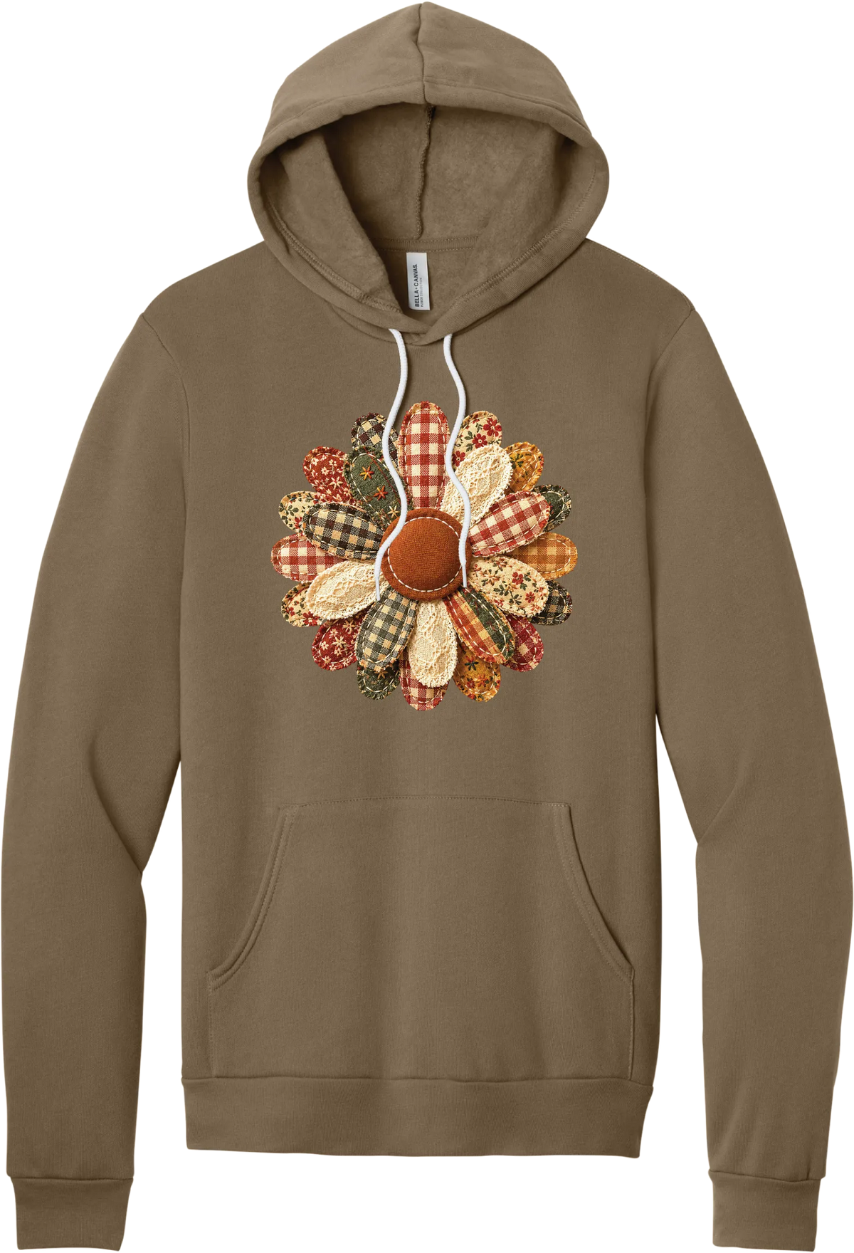 Patchwork Fabric Flower hoodie in Vintage Brown, featuring an oversized fabric flower with plaid, gingham, calico, and cable knit petals around a stitched rust center