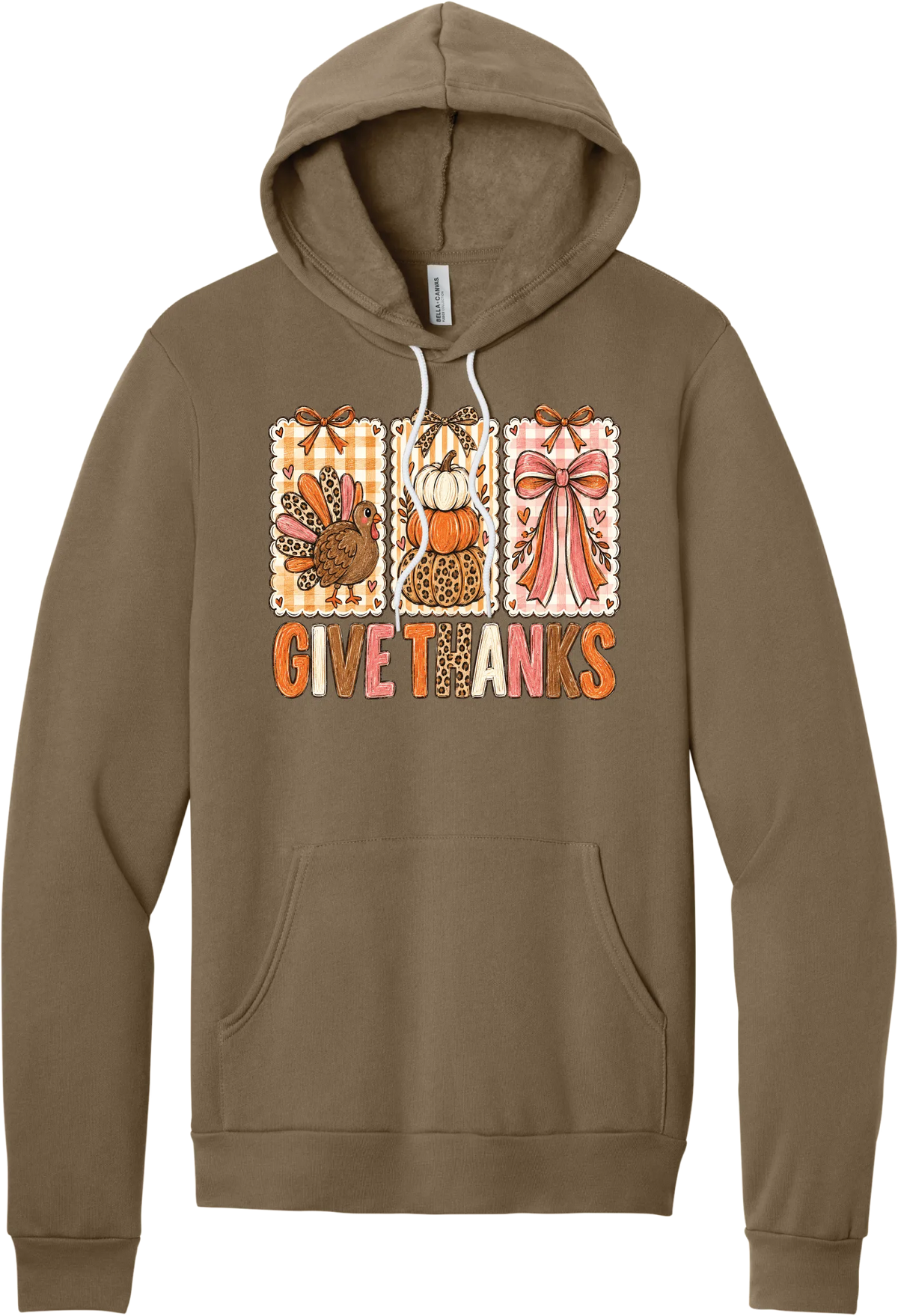 Give Thanks Coquette hoodie in Vintage Brown, featuring three bow-topped stamp panels with a turkey, stacked pumpkins, and a pink bow above Give Thanks in patchwork letters