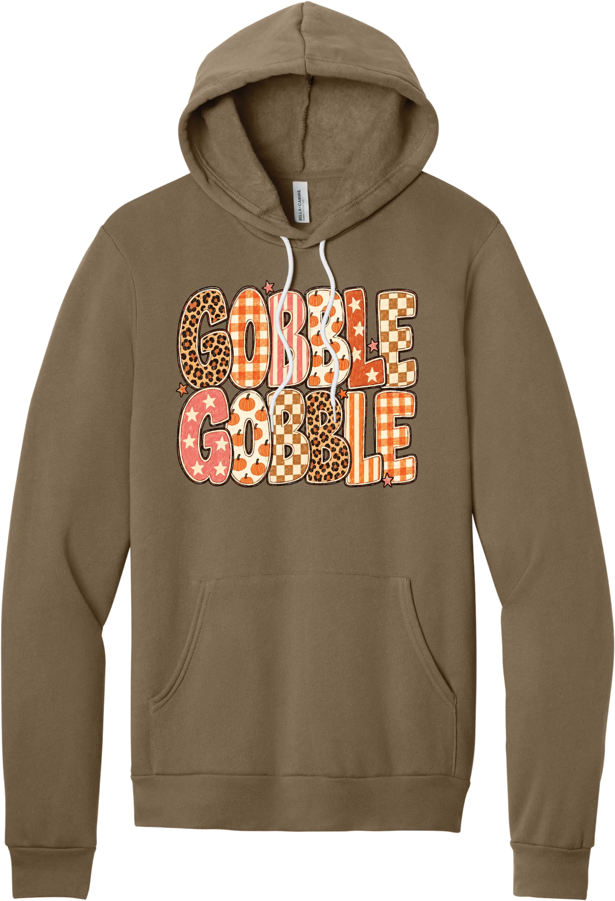Gobble Gobble Patchwork hoodie in Vintage Brown, featuring Gobble Gobble in bubble letters filled with leopard, gingham, checkerboard, stars, and pumpkin prints