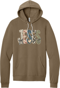 Jesus Patchwork hoodie in Vintage Brown, featuring JESUS in patchwork letters of floral, leopard, denim, and cow print with gingham bows and a heart