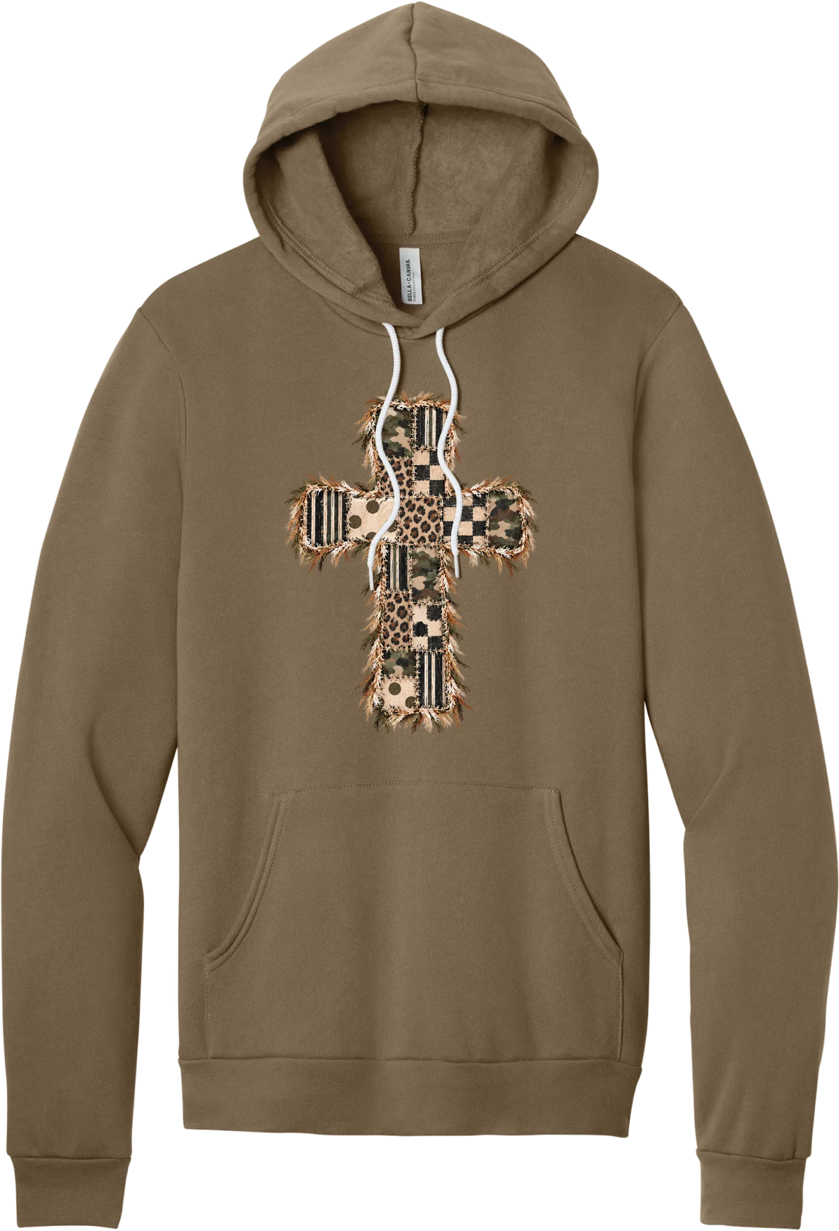 Quilted Patchwork Cross hoodie in Vintage Brown, featuring a patchwork cross in camo, leopard, checkerboard, polka dot, and stripes with a fringed edge