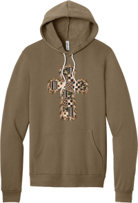 Quilted Patchwork Cross hoodie in Vintage Brown, featuring a patchwork cross in camo, leopard, checkerboard, polka dot, and stripes with a fringed edge
