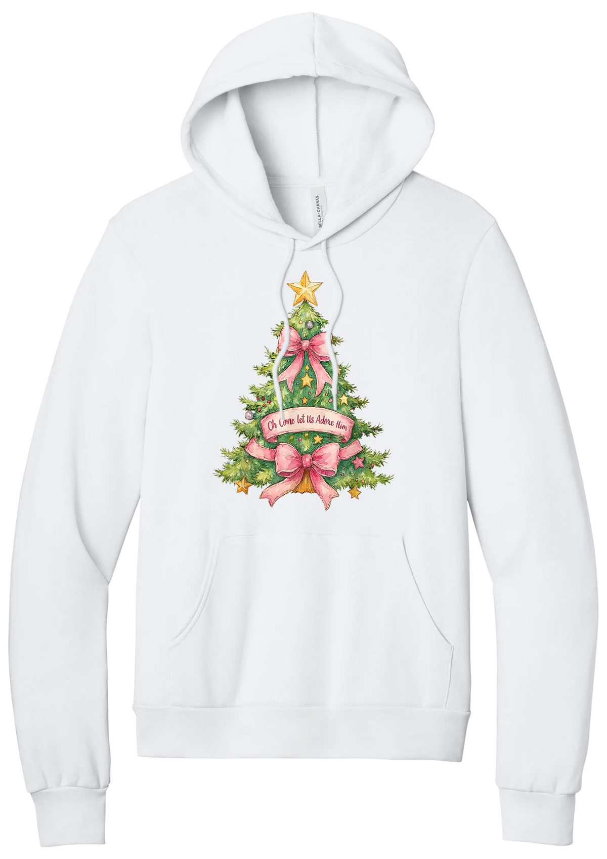 Adore Him Bow Tree hoodie in White, featuring a green Christmas tree with pink bows, a gold star, and an Oh Come Let Us Adore Him banner