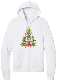 Adore Him Bow Tree hoodie in White, featuring a green Christmas tree with pink bows, a gold star, and an Oh Come Let Us Adore Him banner