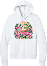 Artful O Holy Night hoodie in White, featuring a painted nativity under the star of Bethlehem with O Holy Night lettering framed by pink poinsettias and evergreen