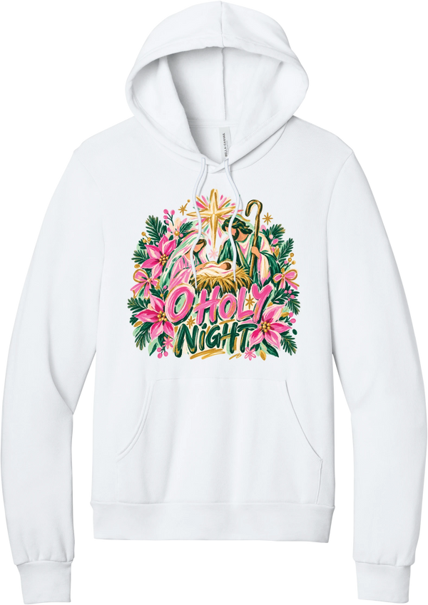 Artful O Holy Night hoodie in White, featuring a painted nativity under the star of Bethlehem with O Holy Night lettering framed by pink poinsettias and evergreen