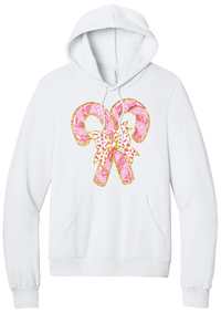 Candy Cane Bow hoodie in White, featuring two pink glitter candy canes tied with a leopard heart bow and gold trim