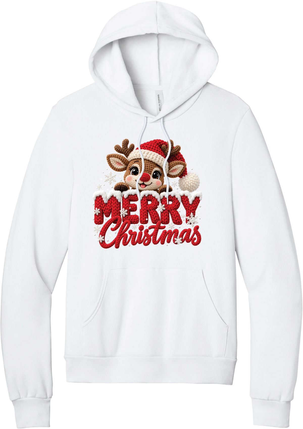 Crocheted Rudolph Merry Christmas hoodie in White, featuring a crochet-style reindeer in a Santa hat peeking over knit-texture Merry Christmas lettering with snowflakes