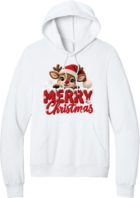 Crocheted Rudolph Merry Christmas hoodie in White, featuring a crochet-style reindeer in a Santa hat peeking over knit-texture Merry Christmas lettering with snowflakes