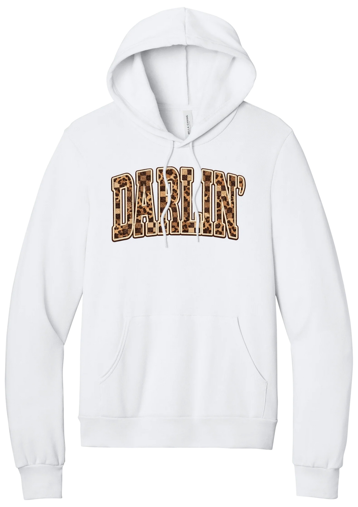 Darlin' hoodie, Leopard Checker design, in White, featuring arched varsity DARLIN' letters filled with leopard and checker print