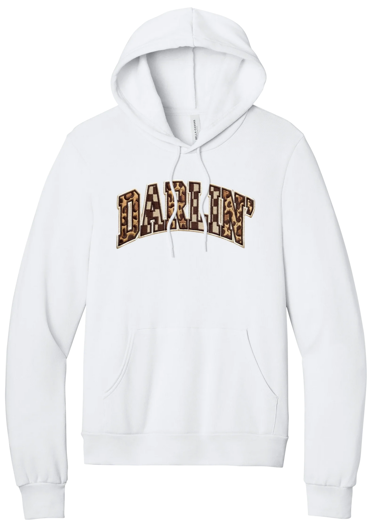 Darlin' hoodie, Patchwork design, in White, featuring arched varsity DARLIN' letters filled with leopard and checker print