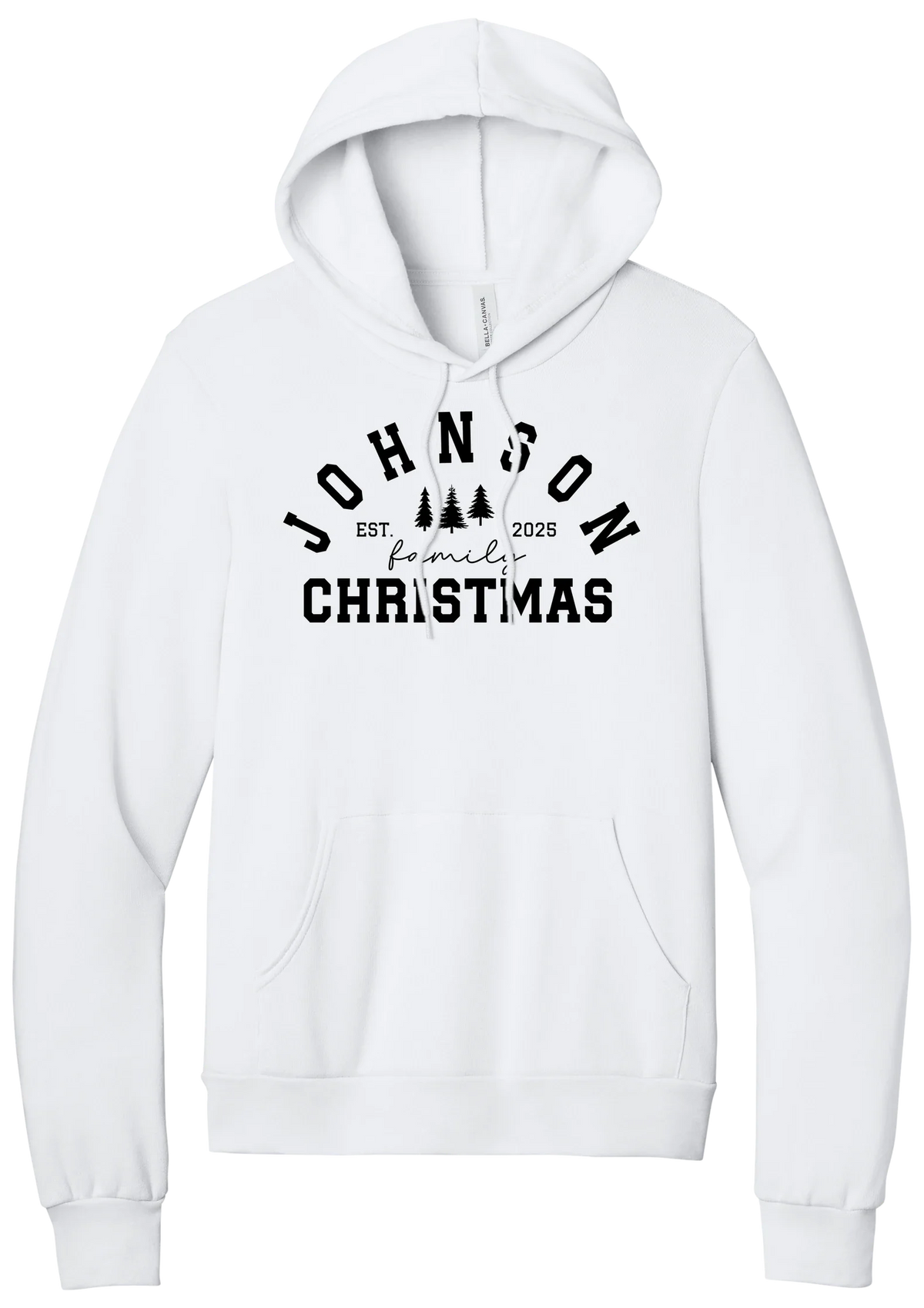 Personalized Family Christmas hoodie in White, featuring an arched family name over pine trees with EST. year and family Christmas lettering