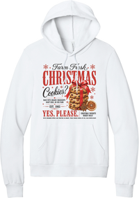 Farm Fresh Christmas Cookies hoodie in White, featuring a vintage farmhouse bakery sign with a stack of Christmas cookies tied in a red bow, a dried orange slice, and red and black lettering