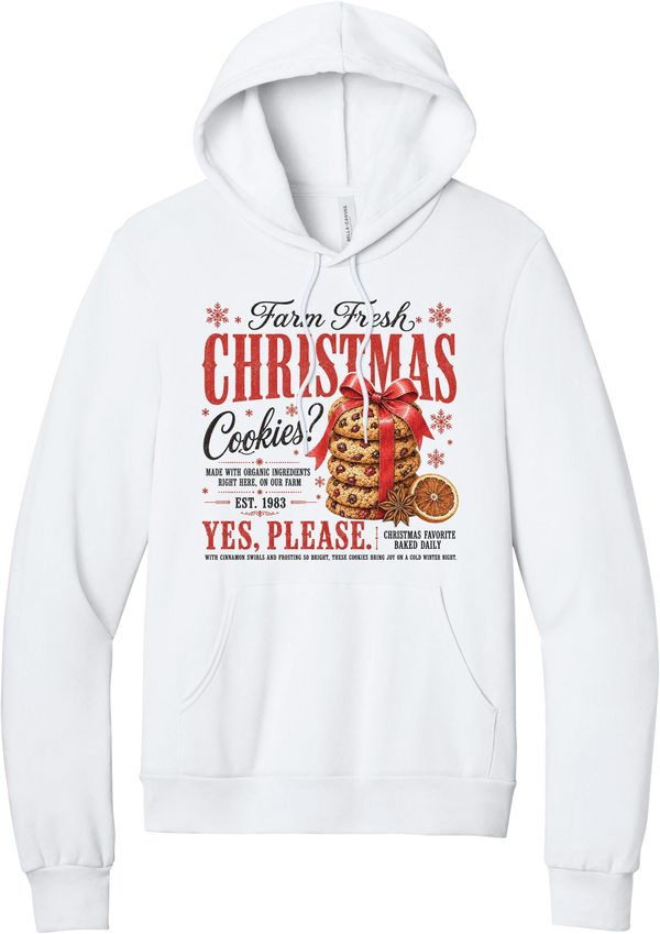 Farm Fresh Christmas Cookies hoodie in White, featuring a vintage farmhouse bakery sign with a stack of Christmas cookies tied in a red bow, a dried orange slice, and red and black lettering