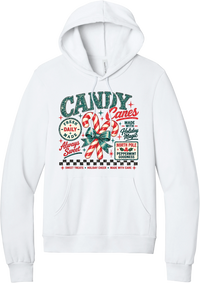 Fresh Candy Canes hoodie in White, featuring vintage candy shop lettering with two striped candy canes tied in a green bow, a North Pole Peppermint Goodness sign, and a checkerboard stripe