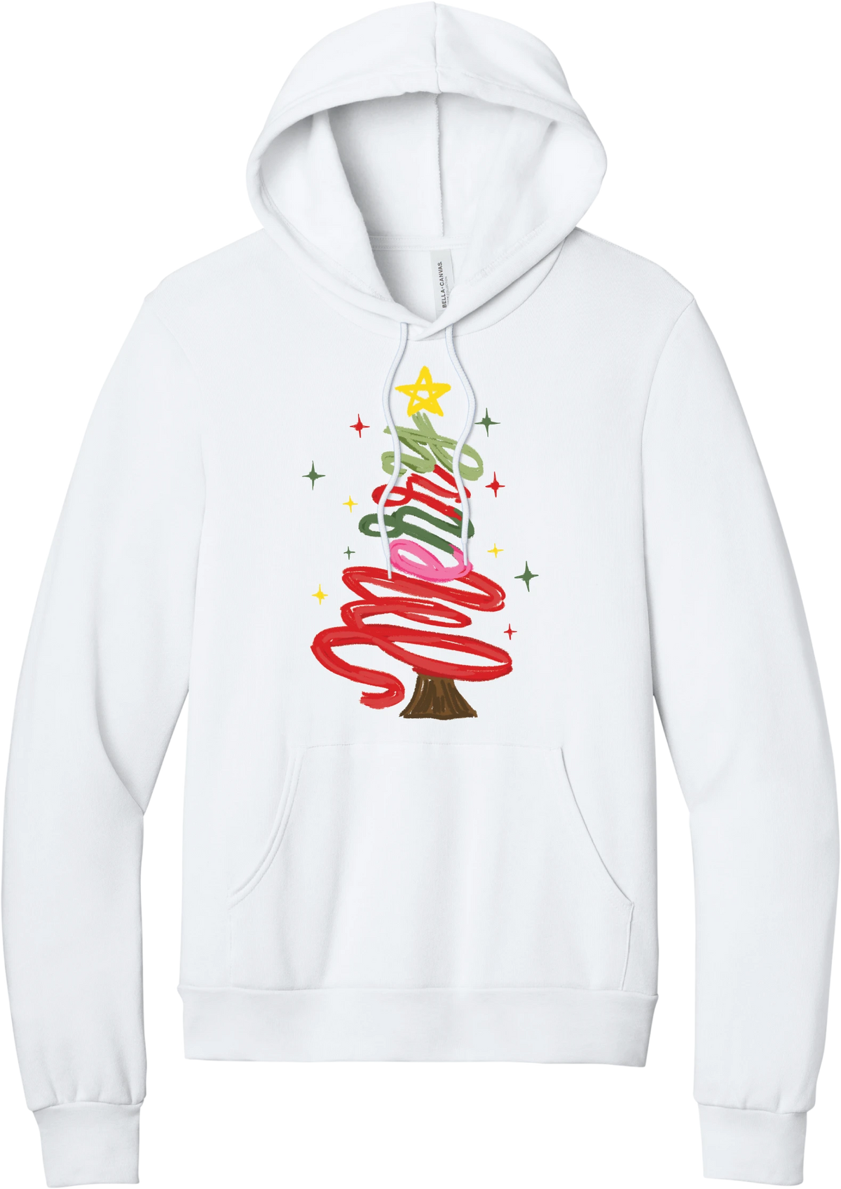 Hand Script Merry Christmas Tree hoodie in White, featuring loopy hand-drawn script in red, pink, and green forming a Christmas tree with a gold star and sparkles