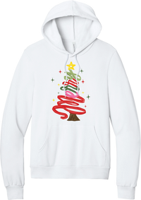 Hand Script Merry Christmas Tree hoodie in White, featuring loopy hand-drawn script in red, pink, and green forming a Christmas tree with a gold star and sparkles