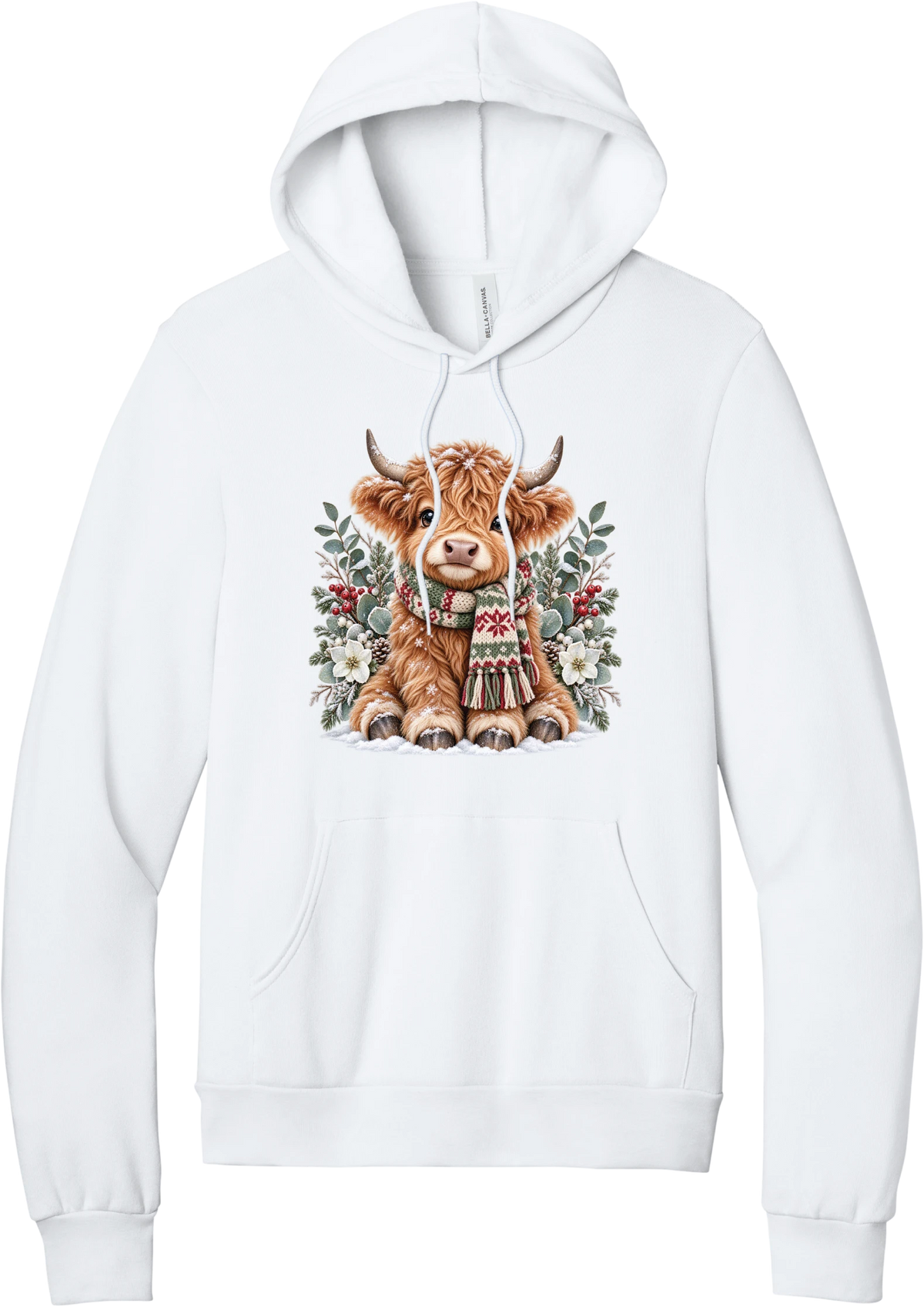 Highland Holidays hoodie in White, featuring a fluffy baby Highland cow in a Fair Isle knit scarf, surrounded by frosted eucalyptus, pine, red berries, and white Christmas roses