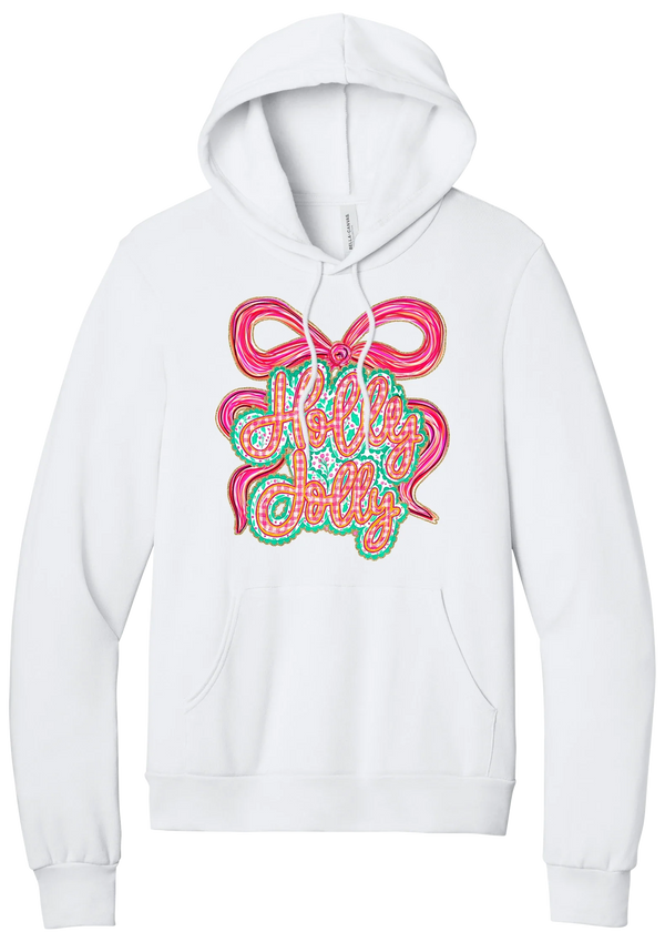 Holly Jolly Bow Script hoodie in White, featuring pink gingham Holly Jolly script on a teal badge framed by a big pink bow