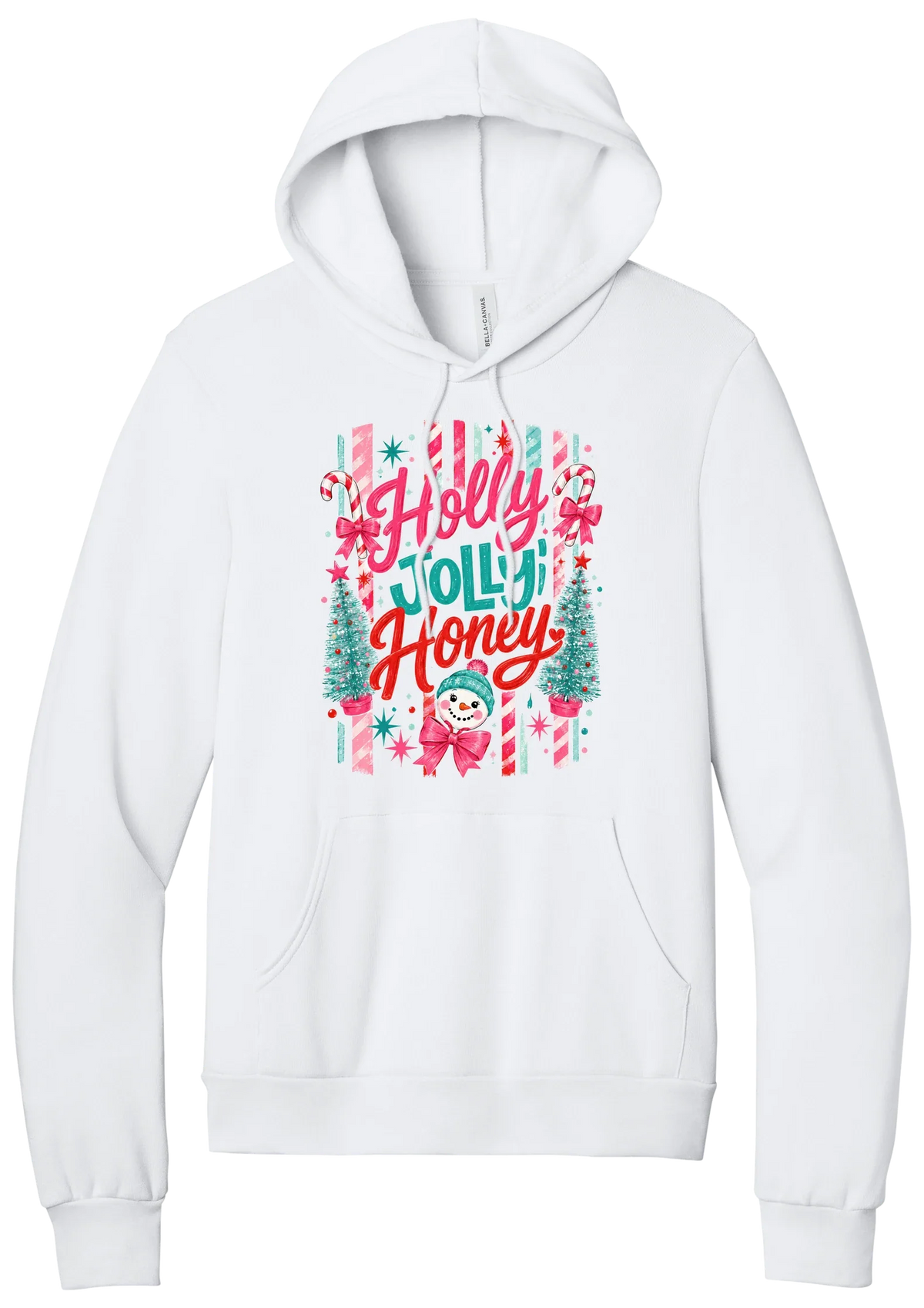 Holly Jolly Honey hoodie in White, featuring red and teal Holly Jolly Honey script with candy cane stripes, bottle brush trees, and a snowman
