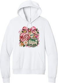 Merry and Bright Ornaments hoodie in White, featuring hand-painted pink and green ornaments reading Merry and Bright with a pink bow, holly, daisies, a candy cane, and a gingerbread man