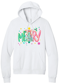Merry Tinsel Tree hoodie in White, featuring puffy teal and pink MERRY letters around a tinsel Christmas tree with a gold star