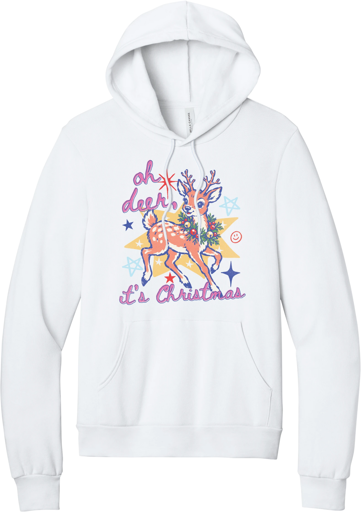 Oh Deer Retro hoodie in White, featuring a retro spotted fawn with a holly wreath, pastel stars, and Oh Deer It's Christmas script
