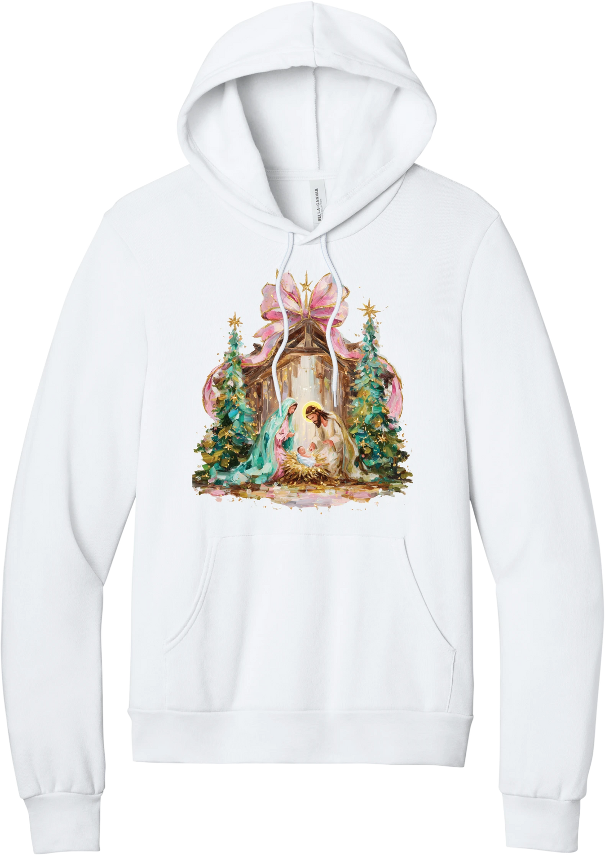 Painterly Nativity hoodie in White, featuring a painterly nativity scene with Mary, Joseph, and baby Jesus in a wooden stable between teal Christmas trees and a pink bow