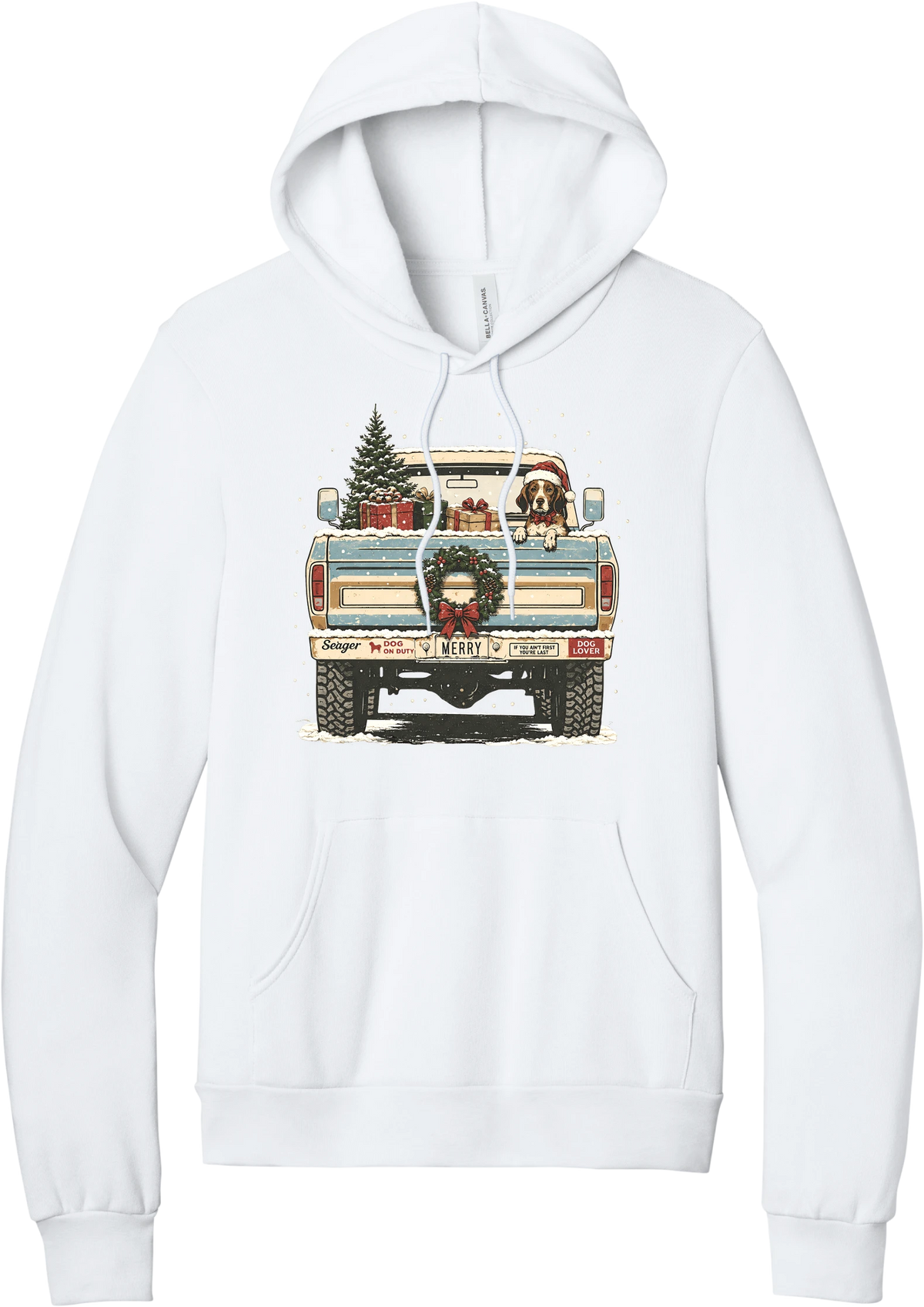 Christmas Pickup Truck with Dog hoodie in White, featuring a vintage pickup truck with a Christmas tree, wrapped gifts, a tailgate wreath, and a dog in a Santa hat