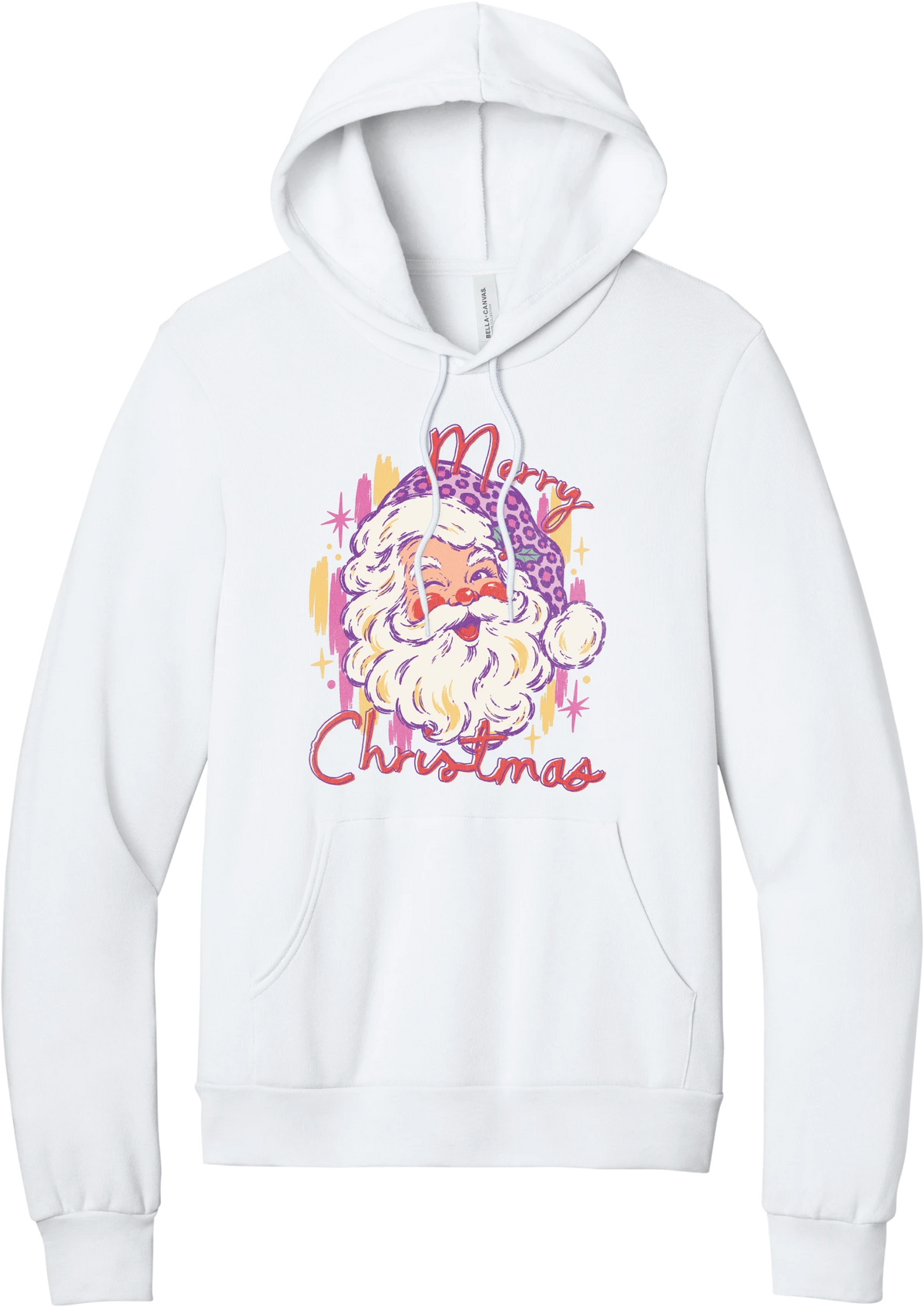 Preppy Santa (Pink Leopard) hoodie in White, featuring a vintage Santa in a pink leopard hat with Merry Christmas script and sparkles