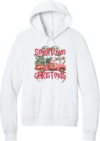 Personalized Small Town Christmas hoodie in White, featuring Santa in a vintage red pickup truck hauling a Christmas tree past a personalized town road sign, with red Small Town Christmas lettering
