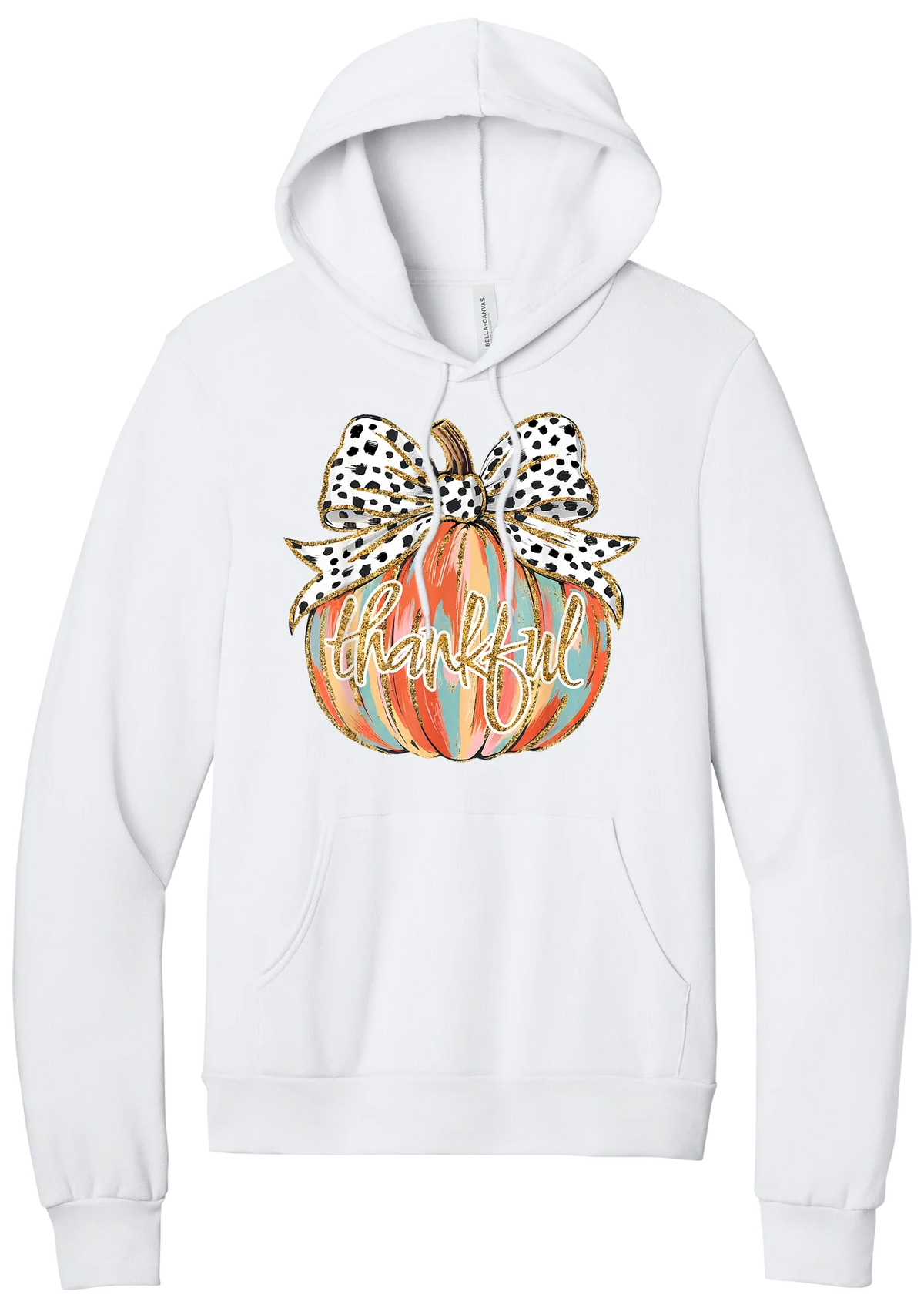 Thankful Pumpkin Bow hoodie in White, featuring a painted pumpkin with a spotted bow and thankful in gold glitter script