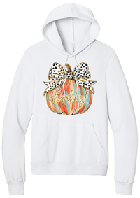 Thankful Pumpkin Bow hoodie in White, featuring a painted pumpkin with a spotted bow and thankful in gold glitter script